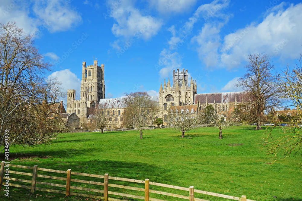View Of Ely Cathedral fronted by a green meadow and blue sky with fluffy white clouds in Ely  Cambridgeshire, UK
