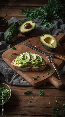 Avocado Toast, avocado is spread evenly on a toast with garnish and seasoning on top, Soft natural light, a rustic wooden board with a few simple props such as a knife and a napkin. Generative AI photo