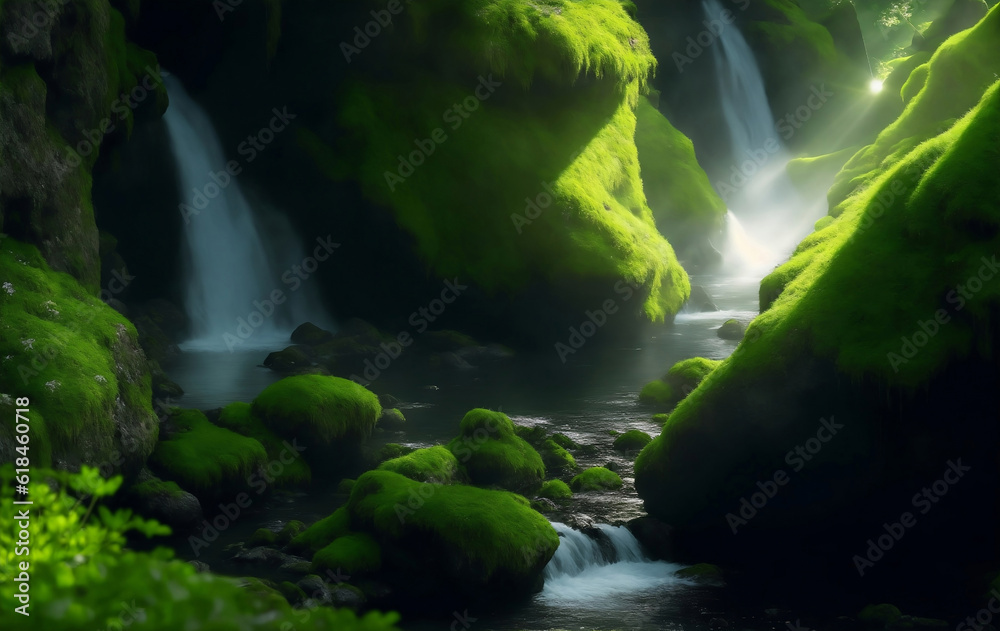 Beautiful nature with plants and waterfall, Generative AI Illustration.