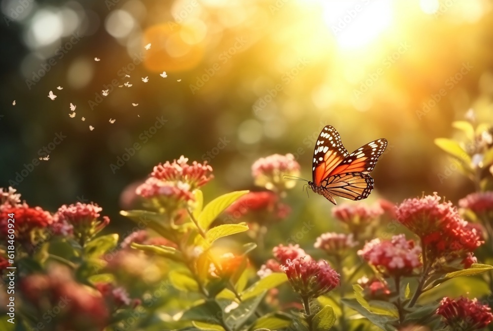 Beautiful butterfly flying over a flower on a blurred background and sunlight. generative ai Beautiful butterfly flying over a flower on a blurred background and sunlight. generative ai