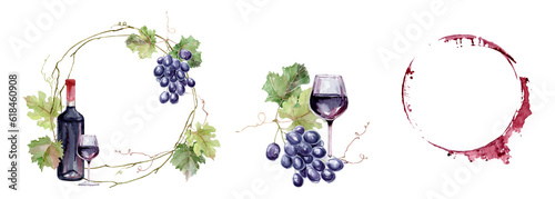 Fotografia Watercolor wine set with grape and corkscrew, Watercolor bunches of blue grapes,