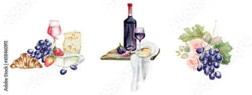 Watercolor wine set with grape and corkscrew, cheese for tasting, watercolor wine bottles and cheese set isolated on white background. Champagne and winery clip art. For cafe menu design, posters, res