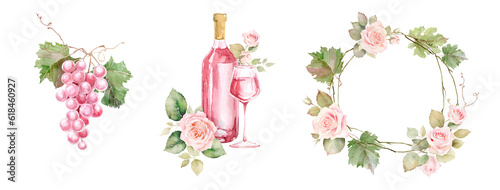 Watercolor wine set with grape and corkscrew, Glass of rose wine. French alhocol drink, Pink wine, wine glass and roses, For cafe menu design, posters, restaurant decoration, photo