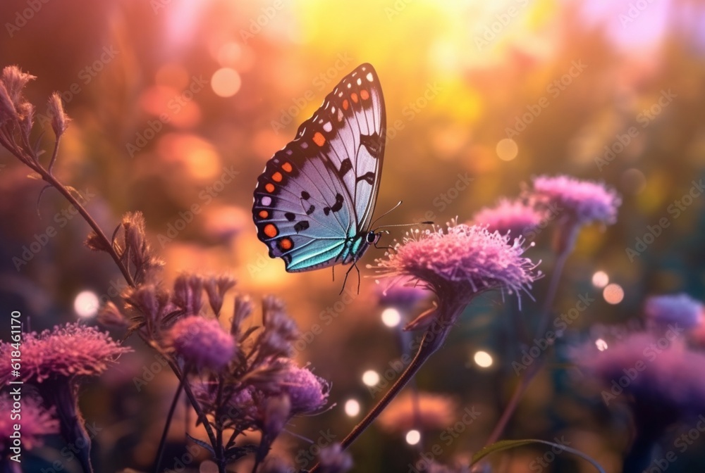 custom made wallpaper toronto digitalBeautiful butterfly flying over a flower on a blurred background and sunlight. generative ai