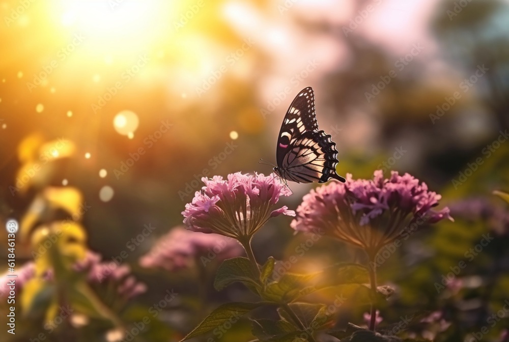 custom made wallpaper toronto digitalBeautiful butterfly flying over a flower on a blurred background and sunlight. generative ai