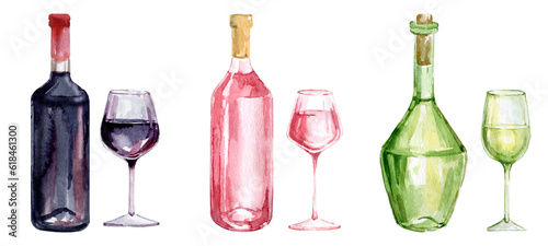 Watercolor wine set, bottle of white wine with wine glass and grapes. Champagne and winery clip art. For cafe menu design, posters, restaurant decoration,