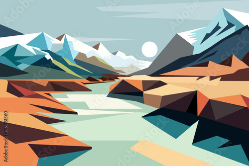 Geometrical  illustration of a winter landscape with mountains and valley