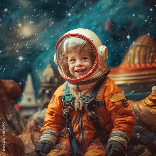 Happy Little boy in spacesuit against space background.  Portrait of a cute little boy dressed as an astronaut in outer space. Smiling boy dreaming about becoming an astronaut. AI generated © Valua Vitaly