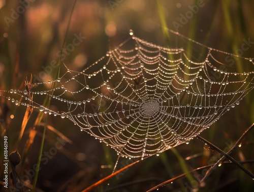Macro Dew-Covered Spiderweb Photography AI Generated