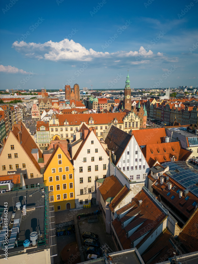 Wroclaw, a city in the Lower Silesian Voivodeship on a sunny day. The most visible tourist places and locations in Wrocław from a bird's eye view from a drone.