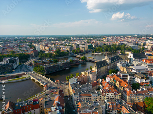 Wroclaw, a city in the Lower Silesian Voivodeship on a sunny day. The most visible tourist places and locations in Wrocław from a bird's eye view from a drone.