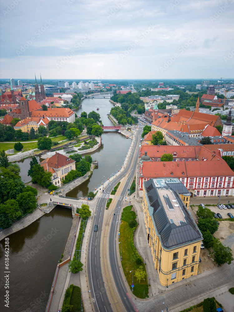 Wroclaw, a city in the Lower Silesian Voivodeship on a sunny day. The most visible tourist places and locations in Wrocław from a bird's eye view from a drone.