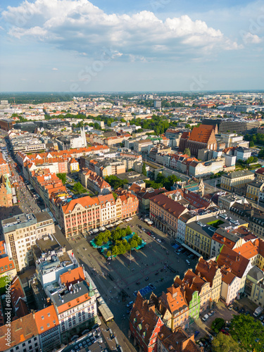 Wroclaw, a city in the Lower Silesian Voivodeship on a sunny day. The most visible tourist places and locations in Wrocław from a bird's eye view from a drone.
