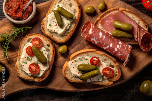 Opened sandwiches with cream cheese, pickles and salami. Flat lay, top view. Generative Ai