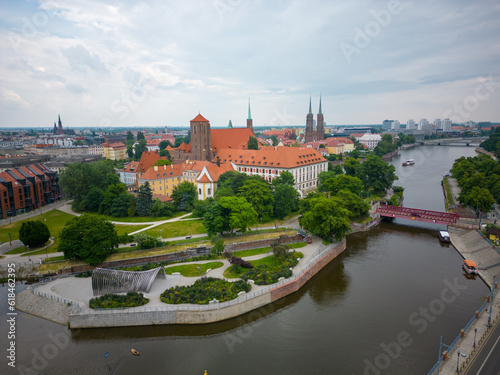 Wroclaw, a city in the Lower Silesian Voivodeship on a sunny day. The most visible tourist places and locations in Wrocław from a bird's eye view from a drone. © Olivier Uchmanski