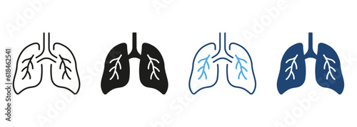 Healthy Bronchial Respiratory System Line and Silhouette Color Icon Set. Lung, Human Internal Organ Pictogram. Respiration Illness Symbol Collection on White Background. Isolated Vector Illustration