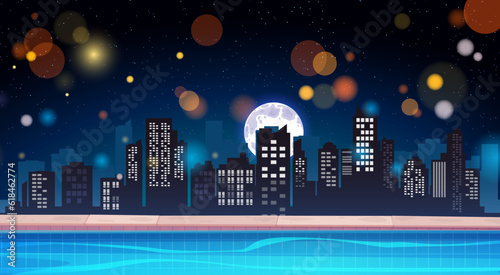 swimming pool on the high building in the city in the night