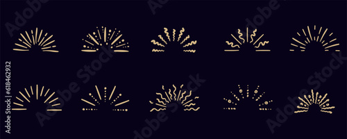 Starburst hand drawn elements. Circle sunburst doodle drawing, framed design, badge or label decor. Abstract outline burst, star or firework, explosion or light rays. Vector isolated icons set
