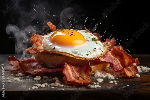 Bacon and egg on dark background. Generative AI