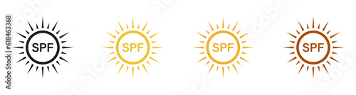 SPF Label, Ultraviolet Rays Protect Icon Set. Block Solar Radiation. Sunblock, Sunscreen Cream. Summer Sunlight Symbol Collection. Skin Protection from Sun Pictogram. Isolated Vector Illustration