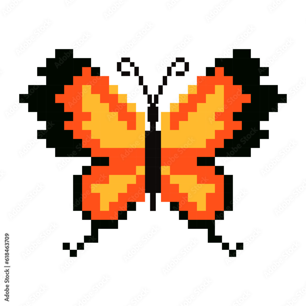 Butterfly pixel art, 8bit butterfly, illustration of spring butterflies on white background Butterfly pixel art, 8bit butterfly, illustration of spring butterflies on white background