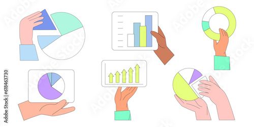 Economics strategy, analysis of sales, statistic, data statistic illustration set or collection for banner, landing web page. Analyst hand collect data and analyse business, business solution.