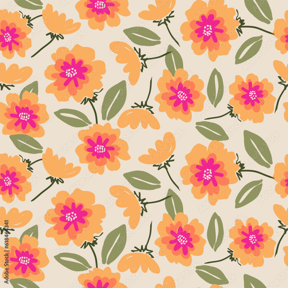 Hand drawn flowers, seamless patterns with floral for fabric, textiles, clothing, wrapping paper, cover, banner, interior decor, abstract backgrounds.