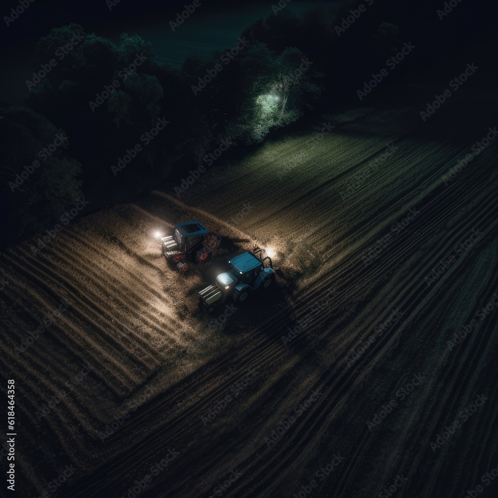 Aerial view of tractors on gold fields harvesting at night with lights. Generative Ai.