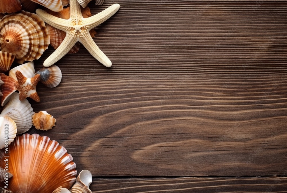 Top view of sea shells and starfish on wooden table for background