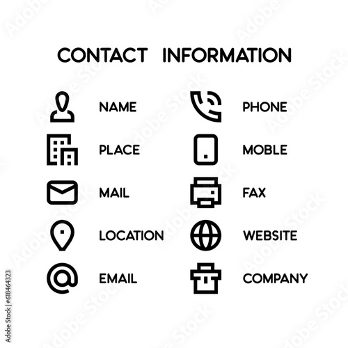 Contact Information and Contact Us line vector icons. Contains icons as Name, Address, Time, Phone number, Office, Mail, Company, Notification etc.