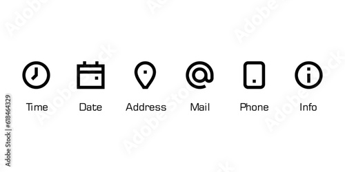 Time, Date, Address, Mail, Phone and Info vector line icons.