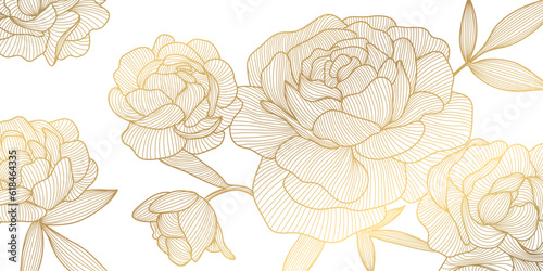 Vector flower golden pattern, roses line japanese style illustration. Luxury hand drawn florals for packaging, social media post, cover, banner, creative post and wall arts. Gold and white.