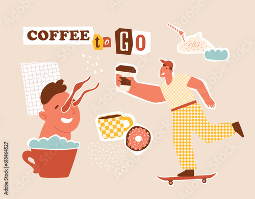 Coffee to go collage with retro man on skateboard holding big cup of hot drink. Male portrait with fire in his eyes in abstract mug. Creative composite art. Cut out elements. Vector illustration.