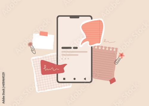 Digital notes concept. Collage with device, torn paper, adhesive tapes, copybook page with copy space, speech bubbles, paper clip. Vector composite illustration. Vintage scrapbook layout.