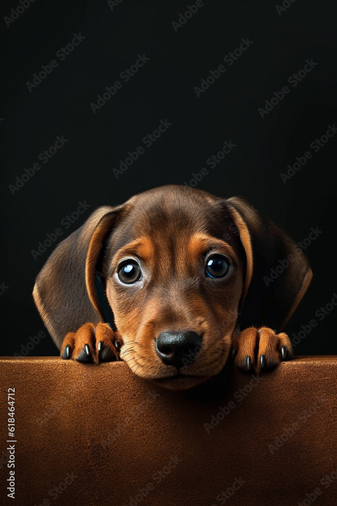 Cute dog of the dachshund breed is posing in studio