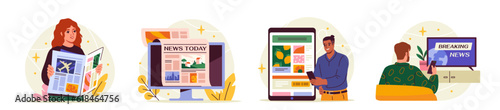 People read news. Characters browse online internet mass media feed on phone and computer, watching TV and reading paper newspaper. Cartoon flat vector collection isolated on white background