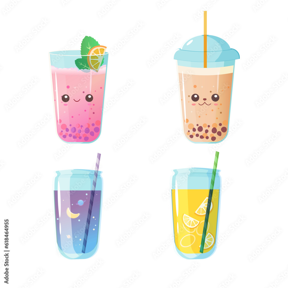 Fototapeta premium Bubble tea set of milk, fruit, clipart Menu