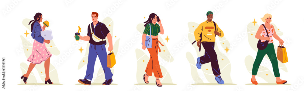 People walk set. Busy employees characters in hurry, running, drinking coffee and talking on phone on run. Young men and women rush to work. Cartoon flat vector collection isolated on white background