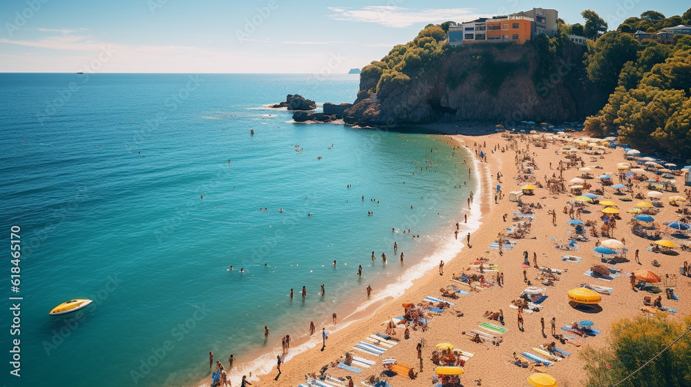 A picturesque beachscape teeming with sunbathers and beach volleyball players, as locals and tourists soak up the fun on a popular weekend getaway. Generative AI