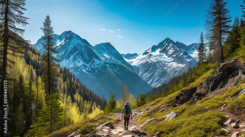 A breathtaking mountain landscape with hikers dotting the trails, exploring the majestic peaks during a renowned outdoor adventure weekend. Generative AI