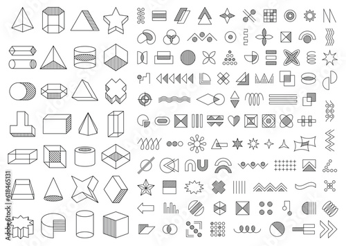 Geometric shapes set. Outline isometric figures and abstract patterns, triangles and squares, lines and ornaments. Trendy memphis design elements. Linear flat vector isolated on white background
