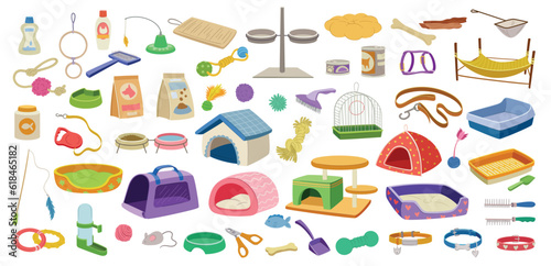 Pet supplies set. Veterinary shop elements food and bowls, toys, cages, trays, beds and collars. Pet care for cats and dogs, fish and birds. Cartoon flat vector collection isolated on white background
