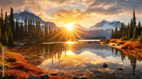 A breathtaking sunrise over the tranquil mountains, casting golden hues on a picturesque lake. Generative AI