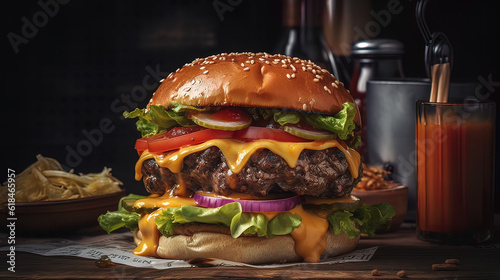 
A mouth-watering burger stacked high with juicy meat, cheese, lettuce, tomato, and pickles, savoury, hearty, indulgent, satisfying, delicious, midday light, rustic style. Generative AI