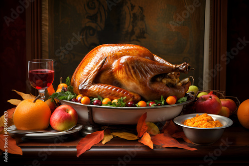 Turkey, pumpkin, thanksgiving table setting. AI generation