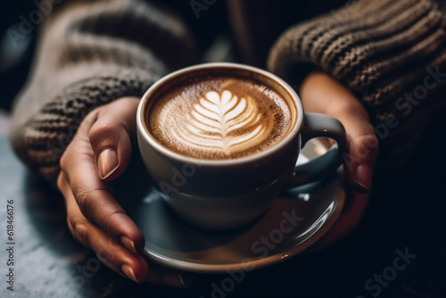 Closeup customer, hands or drinking coffee in cafe, restaurant and local small business for break, rest or weekend. Ai generated, warm or hot cup with cappuccino, person or service industry drink