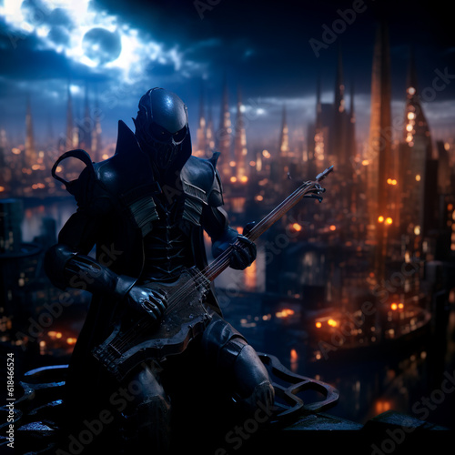 A post-apocalyptic musician dressed in leather plays the guitar upon a dystopian cityscape in the background