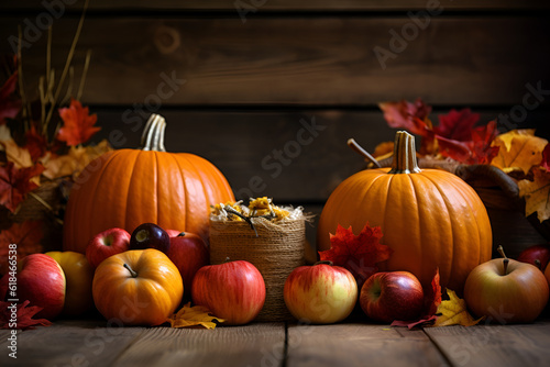 apples, pumpkins and fallen leaves on a wooden background. Halloween, Thanksgiving or seasonal fall. Place for text. AI generation