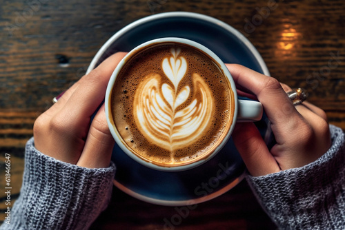 Top view person, hands and drinking coffee in cafe, restaurant and local small business for break, rest or weekend. Ai generated, warm or hot cup with cappuccino, flat white or service industry drink