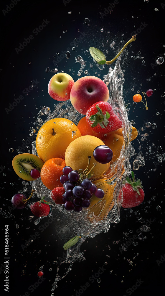 delicious fruit splashes in water and flying in a new dimension, juice splash, fruit water splash, cinematic, space, cosmos, dark background. Generative AI delicious fruit splashes in water and flying in a new dimension, juice splash, fruit water splash, cinematic, space, cosmos, dark background. Generative AI